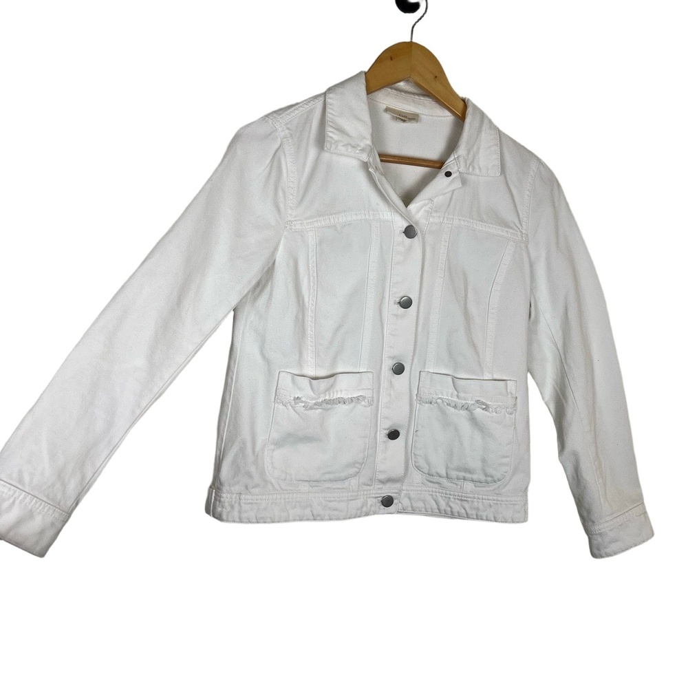 J.Jill Denim Jacket XS Petite White Fringe‎ Details Silver Buttons Cowgirl Rodeo